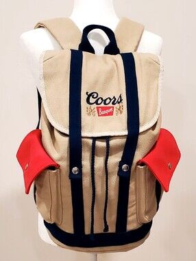 Coors Banquet Limited Edition Backpack Satchel Khaki/Red/Blue Canvas, NEVER USED